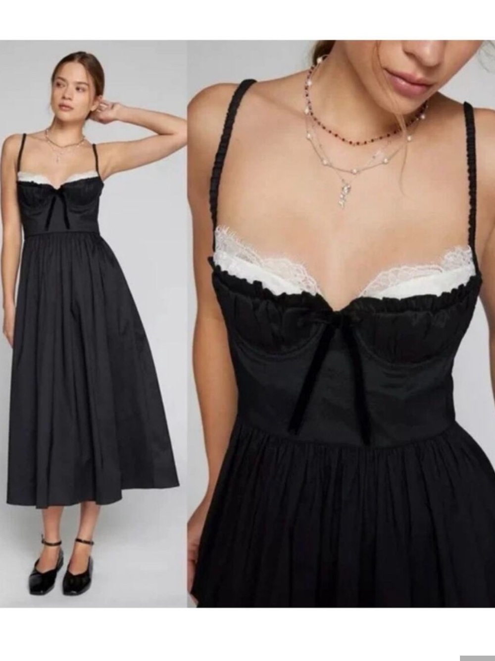 For Love & Lemon Doris Midi Dress with Pockets Black White Lace Trim Milkmaid L